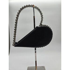 Valentine Heart Clutch Black Faux Leather Rhinestone Handle Bag Purse